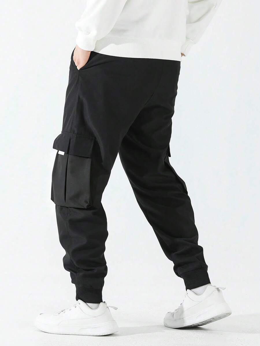 Men's Casual Print Side Pocket Cargo Pants, For Fall - Black - View 1