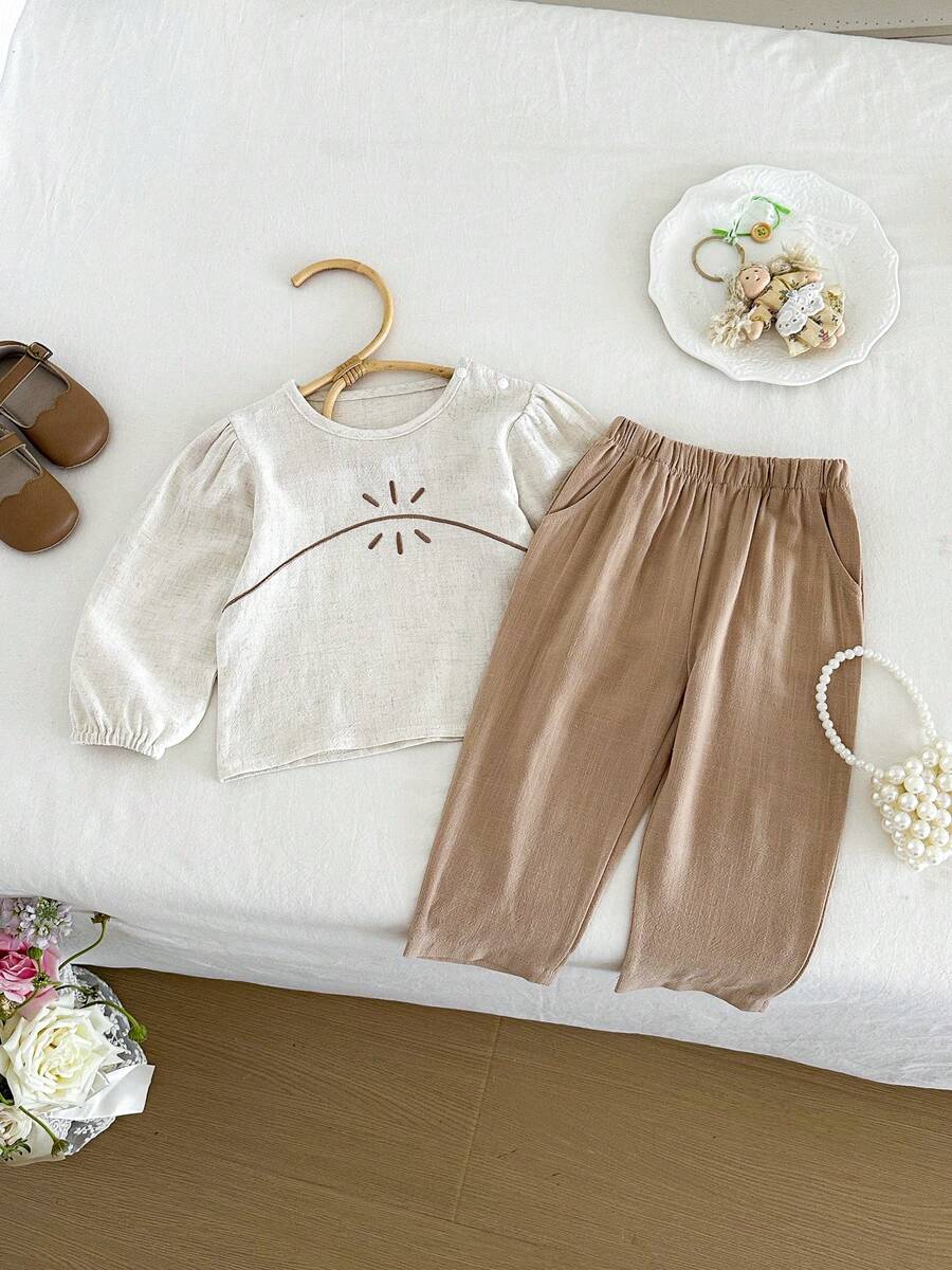 Miniweenns 2件組女嬰休閒慵懶復古風亞麻刺繡長袖上衣＋長褲套裝