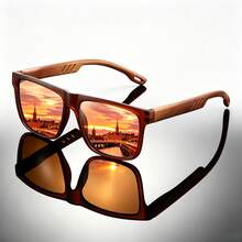 Unisex Square Wood Grain Temple Glasses, Coated Lenses, Suitable For Daily Wear, Driving, Travel, Outdoor - Multicolor - View 3