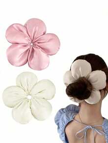 1pc/Set Large Satin Flower Scrunchie, Silk Flower Hair Tie, Korean Style Oversized Flower Hair Accessory, Elegant Cute Sponge Flower Scrunchie, Extra Large Hair Tie For Bun, Suitable For Thick Curly Hair - Multicolor - View 2