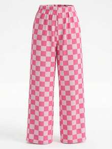 Women's Spring/Autumn New Fashionable Minimalist Checkerboard Print Casual Pants, Personalized Niche Loose Wide-Leg Trousers Suitable For Work, Commute, Office, Travel, Party, School, Home, Daily Versatile Wear - White Pink - View 4