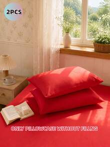 2pcs Red Super Soft Solid Color Pillowcases, Lightweight And Breathable, Envelope Closure, Solid Color Bed Pillowcases, Suitable For Bedroom, Dorm, Back To School Season And Other Occasions. - Red - View 2