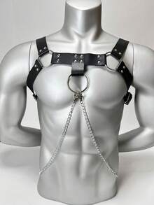1 Buah Sabuk Dada Kulit PU Pria Rantai Tiga Cincin Depan untuk Kostum Halloween Punk Rave Suspender - Hitam - View 2