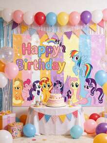 My Little Pony Cartoon Birthday Party Backdrop Banner - Burgundy And Rainbow Striped Birthday Party Photography Background Cloth - Can Be Hung For Photo Taking, Suitable For Birthday Party Photography - Multiple Styles - View 9
