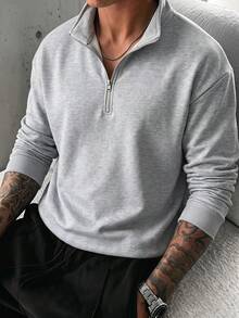 Men's Half-Zip Half-Button Stand Collar POLO Sweatshirt, Solid Color Basic Loose Drop Shoulder Pullover, Minimalist Casual Daily Wear For Autumn/Winter - Grey - View 11