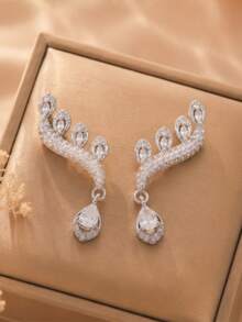 Autumn 2pcs 925 Silver Plated Unique Personalized Elegant Sparkling Rhinestone Feather Shape Water Drop Ear Climber Ear Stud Earrings - Multicolor - View 5