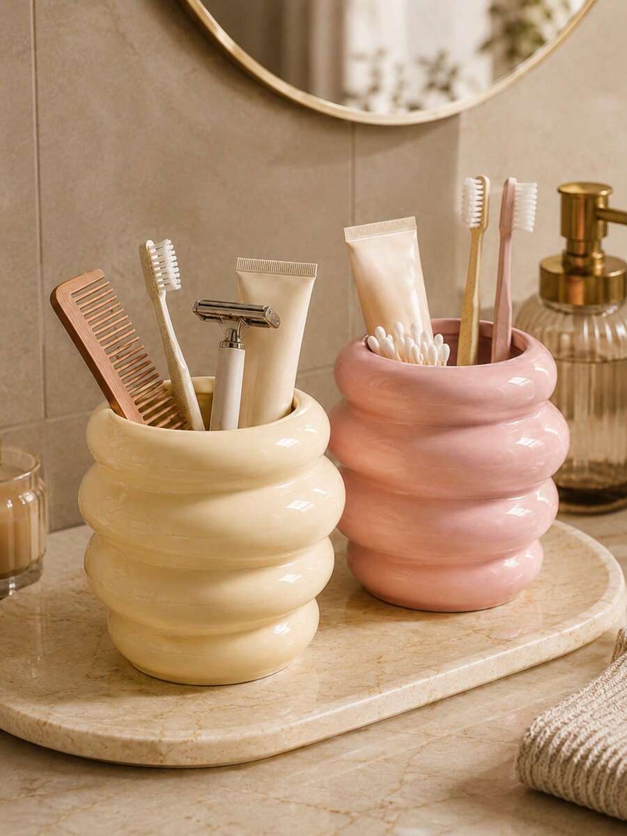 Ins Hot-Selling Cream Style 4-Layer Spiral Resin Storage Cup, Glossy Pink And Beige Dual-Color Toothbrush Toothpaste Razor Makeup Brush Holder, Cute Bathroom Vanity Aesthetic Decor Gift - Honey Jar Toothbrush Holder - View 1