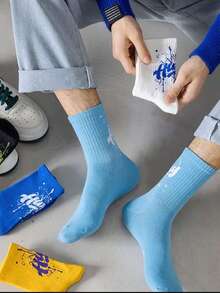 5 Pairs Street Style Splatter Graffiti Men's Mid-Calf Sports Socks, Street Fashion Breathable Sports Skateboard Socks - Multicolor - View 3