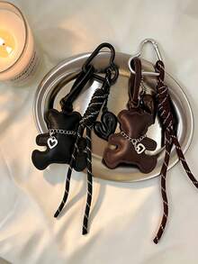 Vintage Faux Leather Bear Bag Charm Keychain, Cute Heart Pendant Braided Rope Handbag Accessory, Y2K Retro Aesthetic Backpack Charms For Women Girls - Multicolor - View 2