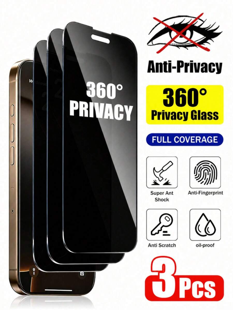 3PCS 360° Privacy Screen Protector, Full Angle Anti-Spy Tempered Glass, Blackout & Scratch Resistant Compatible With Iphone 18 Pro 18 Pro Max 17 16 15 14 13 12 11 Pro Max Pro XR X XS Max Plus, Ideal For Business Travel, Confidential Work & Commuting, Seamless Touch & Bubble-Free - Black - View 1