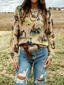 VEXHEIMA Western-Style Women's Fashionable Retro-Print Denim-Patterned Color-Blocked Animal And Geometric Print Round-Neck Long-Sleeve Casual Sweater - Multicolor - View 5