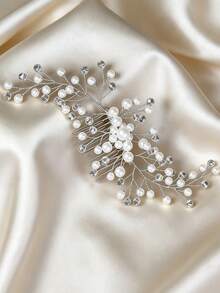 1pc Minimalist Fashion Faux Pearl & Crystal Decorated Hair Comb, Suitable For Weddings, Daily Gatherings And Other Elegant Hair Accessory Occasions - Silver - View 2