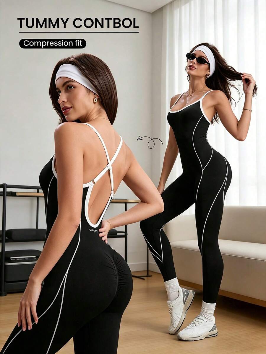 Women's Contrast Color Trim Adjustable Strap Backless Seamless One-Piece Jumpsuit, Pilates Sports Summer - Black and White - View 1
