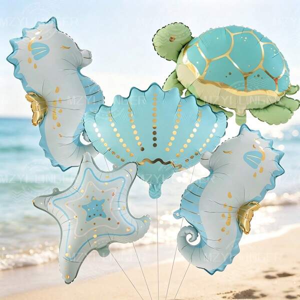 6pcs Ocean Theme Balloon Set, Pink & Blue Seahorse, Starfish, Shell, Turtle, Seal Foil Balloons, Suitable For Ocean Theme Animal Decoration Party, Princess Party Decoration, Baby Shower, Birthday Party, Various Party Decorations.