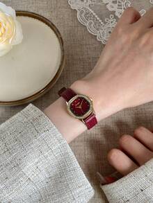 1pc Women's Fashion High-End Oval Roman Numeral Full Rhinestone Watch, Quartz Movement, Versatile Style - Red - View 6