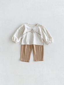 Miniweenns 2pcs/Set Baby Girl Casual Lazy Vintage Style Linen Embroidered Long Sleeve Top + Pants - Multicolor - View 14
