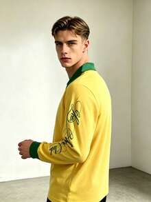 Yellow & Green Color Block V-Neck Polo Long Sleeve Tee, Vintage Script Print Men Streetwear Top - Multicolor - View 3