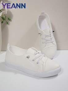 Sepatu Sneakers Wanita Terbaru Musim Semi/Gugur, Nyaman, Ringan, Serbaguna, Bertali, Ujung Bulat, Bahan Kain Putih - Putih - View 7