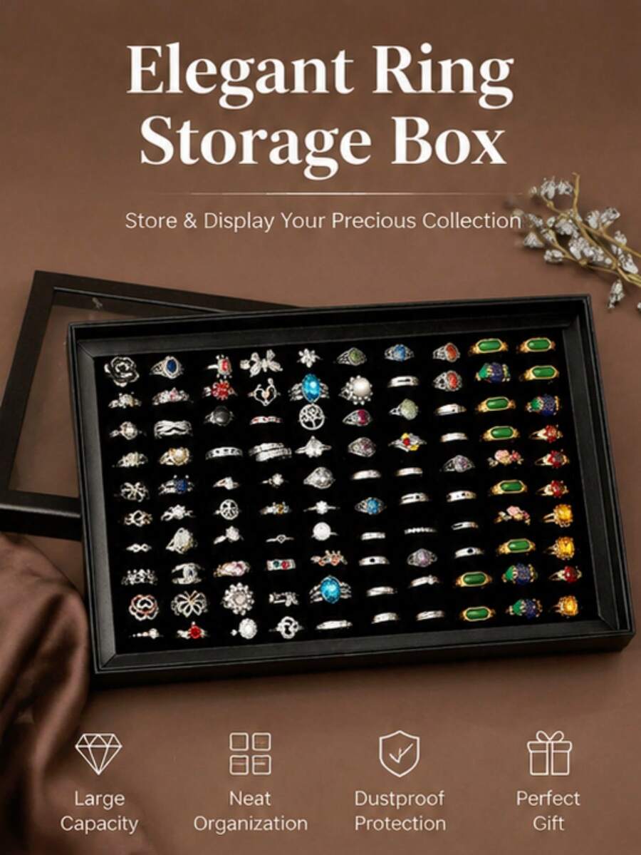 1pc Jewelry Display Paper Box 100-Slot Ring Box Dust-Proof Transparent With Lid Storage Box - Multicolor - View 1