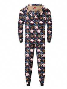 Family Matching Christmas Jumpsuits Pajamas Letter/Santa/Tree/Print Hooded Long Sleeve Playsuits Autumn Zipper Long Rompers - Blue Dad - View 3