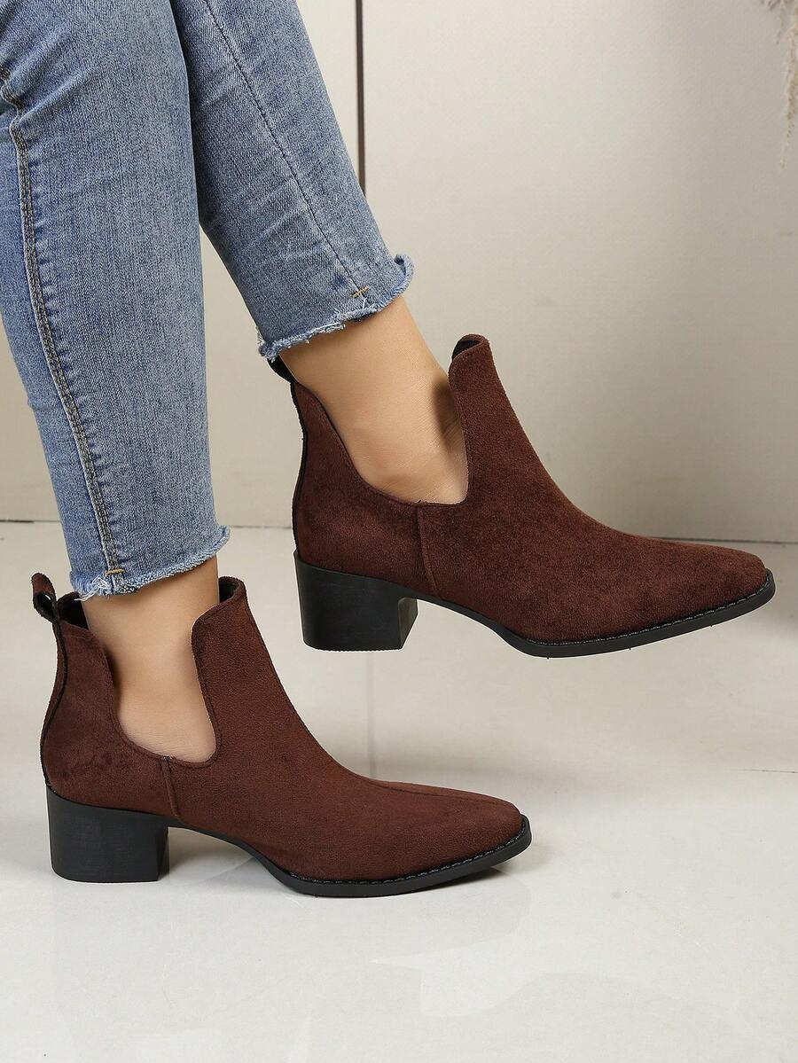 WTKMRSSTEP Minimalist V-Neck Chelsea Boots Women Pointed Toe Chunky Heel Vintage Style Versatile Ankle Boots - Brown - View 1