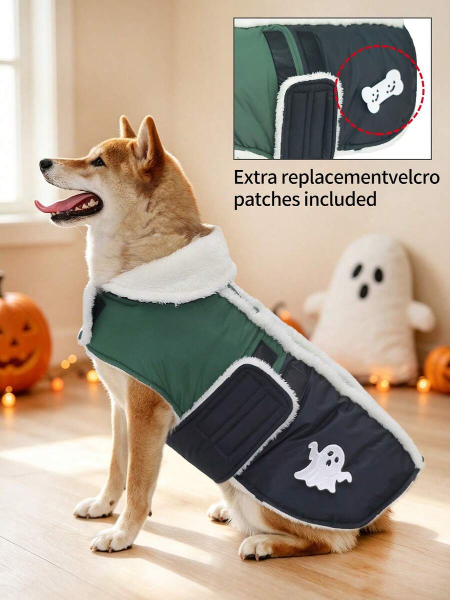 Halloween Dog Winter Coat With Interchangeable Bone Patch, Warm Thickened Jacket With Adjustable Hook And Loop, Suitable For Small, Medium And Large Dogs