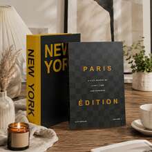 2pcs Home Decor Paper Faux Books, Exquisite Realistic Books In Green And Beige, Dining Table Decoration, Bedside Table Decoration, Home Room Bookshelf Decoration - Black - City - View 7