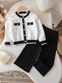 2pcs/Set Pakaian Anak Perempuan Minimalis Colorblock Lengan Panjang Leher Bulat Kardigan Rajut dan Celana Rajut Kaki Lebar dengan Dekorasi Kancing Logam, Pakaian Kasual Modis dan Serbaguna untuk Pemakaian Sehari-hari dan Sekolah, Musim Semi/Musim Gugur/Musim Dingin - Putih - View 1