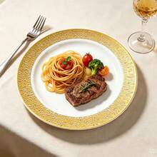 1/20/25/50pcs Luxury Gold Floral Hollow Rim Round Plate Set, Large Capacity Stackable Packaging, Elegant Gold Hollow Lace Design, Great For Photography And Atmosphere, Suitable For Theme Parties, Outdoor Gatherings, Store Events, Home Dinners, Bulk Purchase Party Decoration Plates - White With Gold Trim - View 7