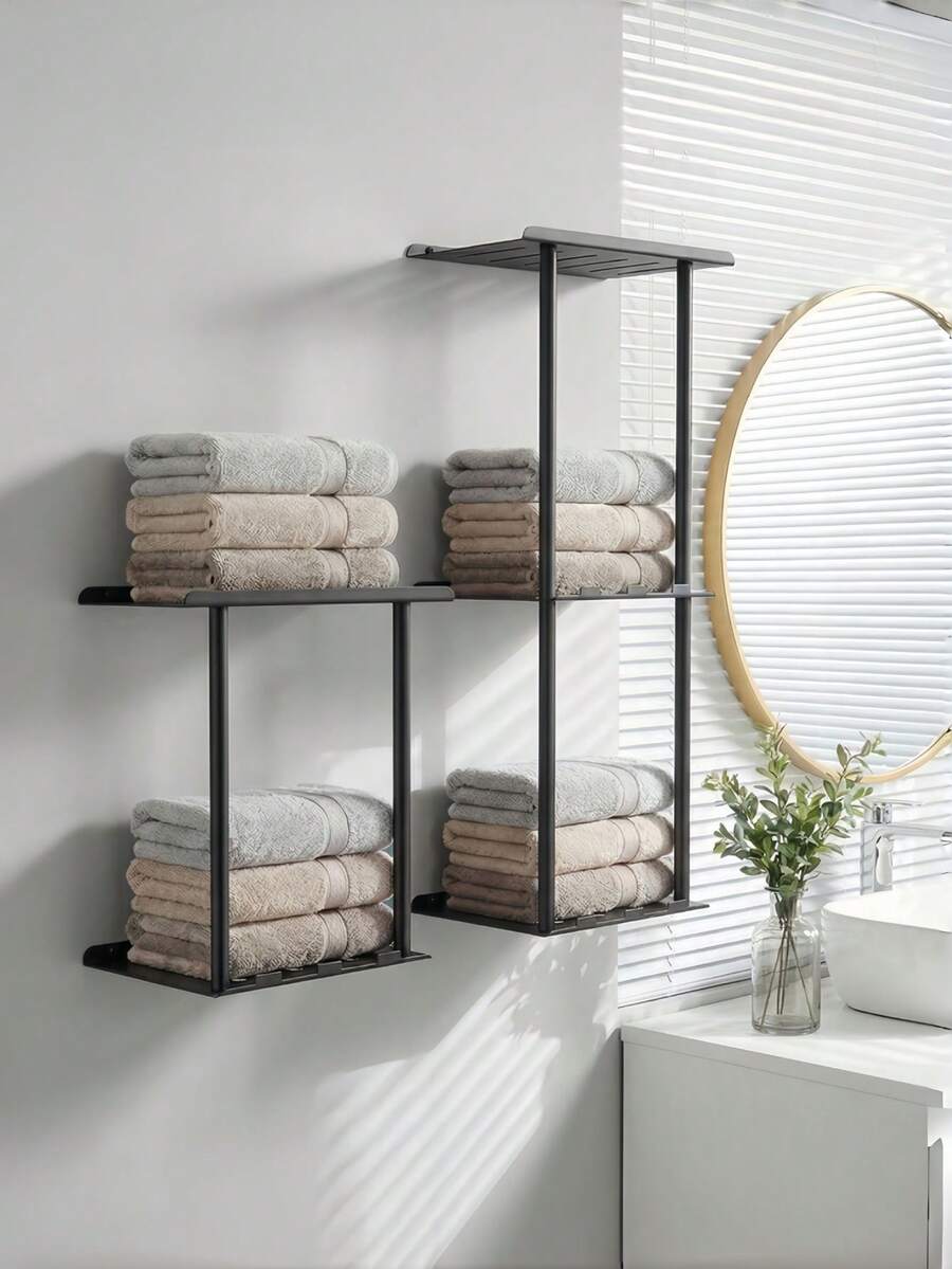 Metal No-Drill Towel Rack With Storage Compartment And Hanging Hooks, Suitable For Bathroom, Toilet, Room Decoration, Storage Rack, Wall-Mounted Storage Rack, Shelf, Room Decoration, Wall Shelf, Storage Rack