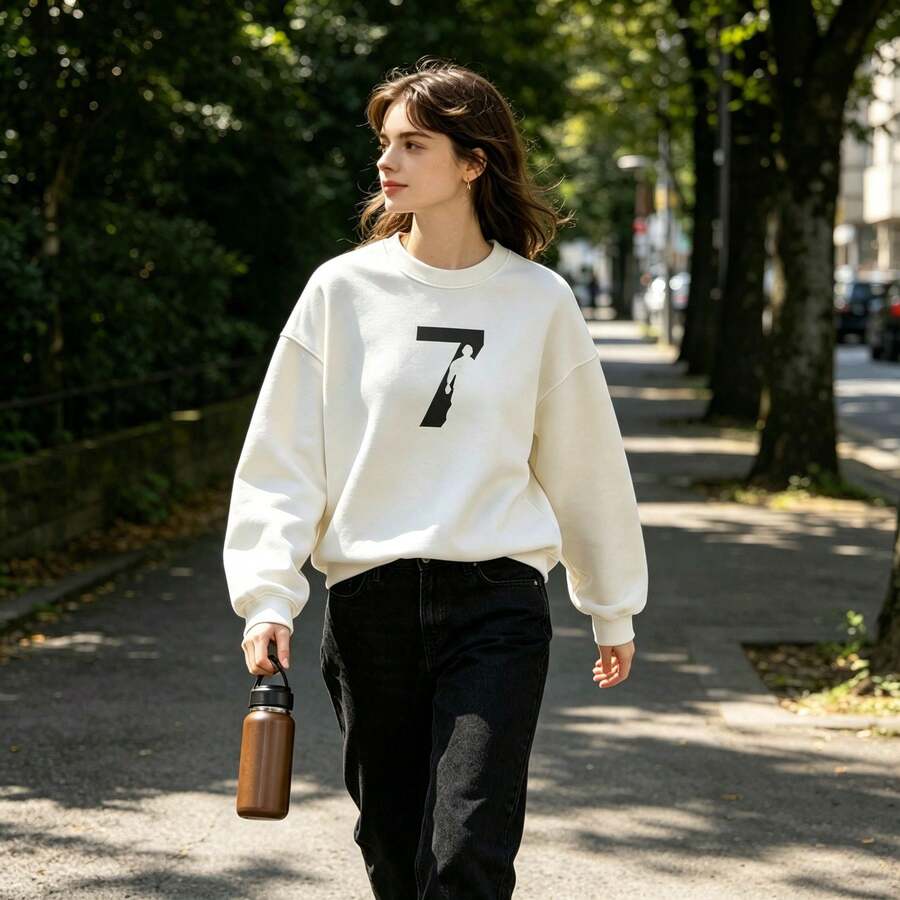 6Heavyweight Fabric American-Style Loose Casual Crew Neck Sweatshirt, Unisex, Versatile  Pullover - 白色 - 查看 1
