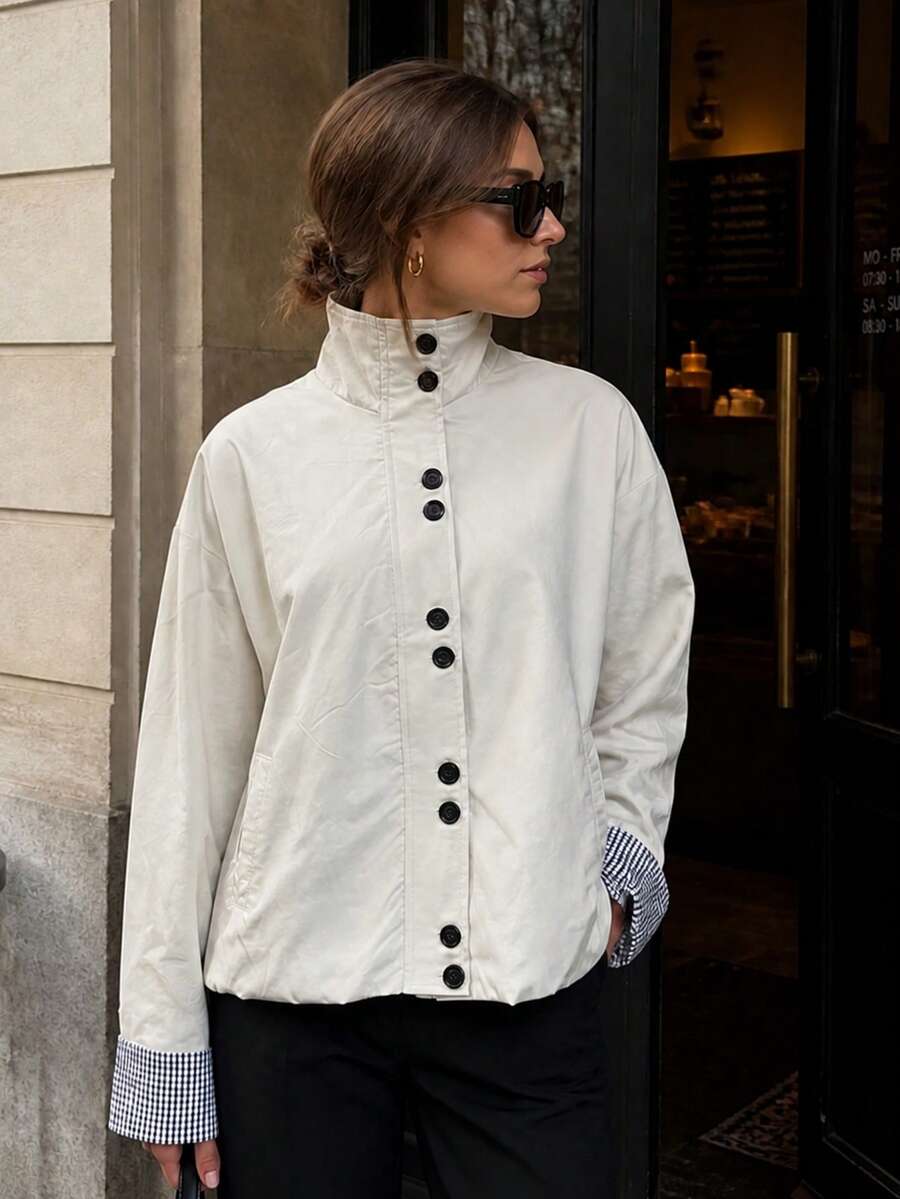 1pc Women's Gentle Solid Color Stand Collar Short Jacket With Plaid Cuff Design, Suitable For Commuting, Shopping, Dating And Short Trips - Off-white - View 1