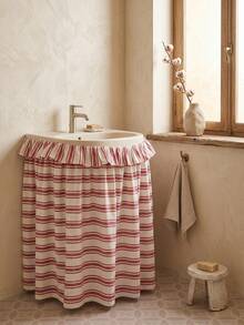 1/2pcs Beige With Red Horizontal Stripes Fabric Wash Basin Skirt, Warm Pastoral Style, Round Top With Ruffle Edge And Gathered Hem Detail, Covers Wash Basin Pipes And Decorative Beautification Function, Suitable For Warm Tone Bathroom And Cozy Home Decor Scenes - Red - View 1