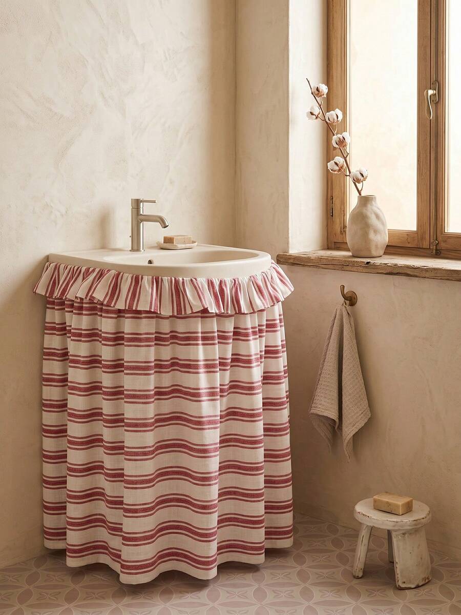1/2pcs Beige With Red Horizontal Stripes Fabric Wash Basin Skirt, Warm Pastoral Style, Round Top With Ruffle Edge And Gathered Hem Detail, Covers Wash Basin Pipes And Decorative Beautification Function, Suitable For Warm Tone Bathroom And Cozy Home Decor Scenes - Red - View 1
