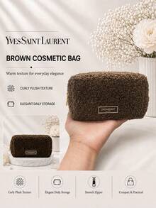 YSL 棕色毛絨化妝包，17*9cm，1件，捲曲紋理配金色拉鍊，大容量，適合日常補妝與旅行收納 - 咖啡棕 - 查看 3