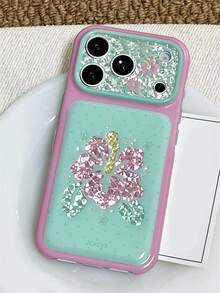 Artistic Shiny Sequin Floral Star Polka Dot Phone Case, Compatible With IPhone 17 Pro Max 17 Pro 17 16 Pro Max 16 Pro 16 15 Pro Max, Rhinestone Textured Camera Protection, Pink Mint Green Contrast Back Shell - Mint Green - View 3