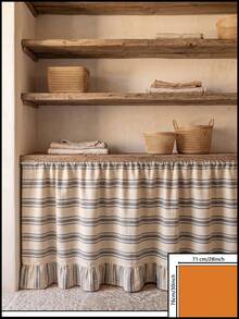 1/2pcs Beige Gray Horizontal Striped Table Skirt, Rustic Pastoral Style Fabric Material, Rectangular Top Pleated And Bottom Ruffle Detail, Storage Concealment And Decorative Beautification Function, Suitable For Storage Rack Cover And Natural Home Decor Scenes - Dark Grey - View 13