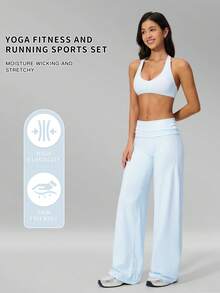 MFVIM Women's Versatile Yoga Set, Skin-Friendly Easy-To-Wear Fitted Bra, Butt-Lifting Slimming Wide-Leg Casual Pants - Baby Blue - View 3