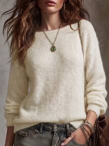 Women Casual Autumn Winter Boat Neck Beige Solid Color Drop Shoulder Knit Top Long Sleeve Puff Sleeves Sweater Daily/Work/ - Beige - View 6