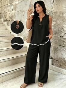 Plus Size Color Block Trim Camisole & Pants 2 Pieces Set, Casual Vacation Daily Wear, Black, For Women Elegant Summer - Black - View 1