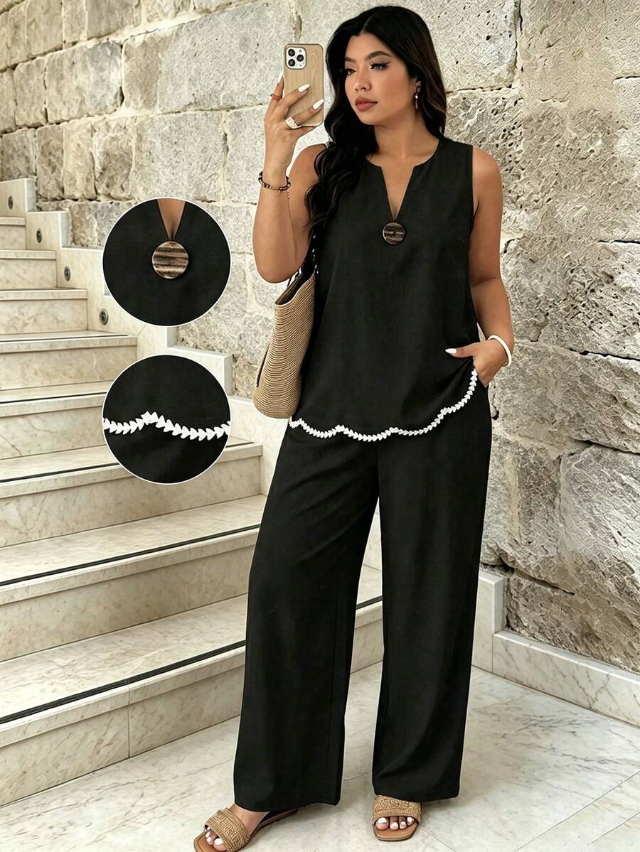 Plus Size Color Block Trim Camisole & Pants 2 Pieces Set, Casual Vacation Daily Wear, Black, For Women Elegant Summer - Black - View 1
