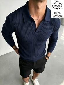 WAIT HIM 100% Cotton Men's Casual Solid Color Long Sleeve Ribbed Undershirt - Navy Blue - View 3