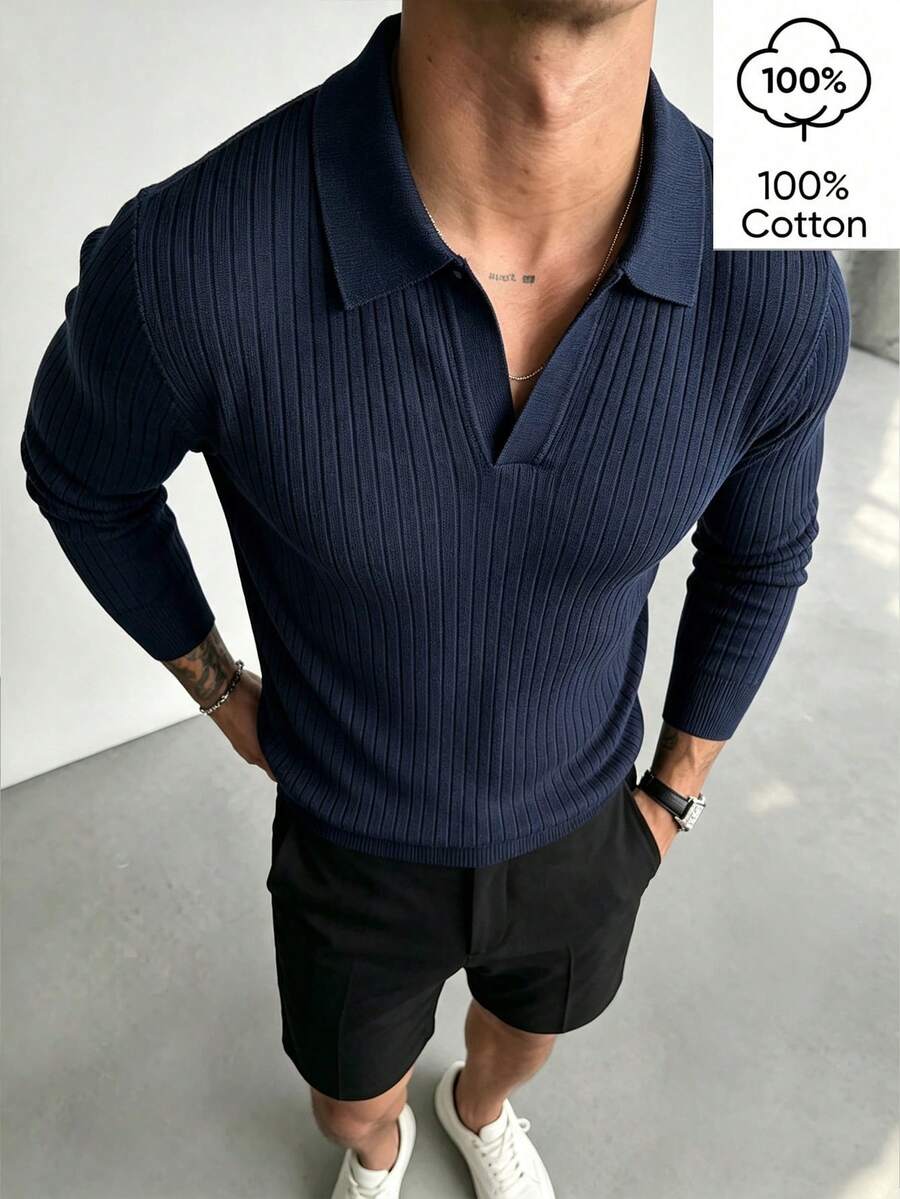WAIT HIM 100%純棉男士休閒素色長袖羅紋內搭衫 - 藏蓝色 - 查看 1
