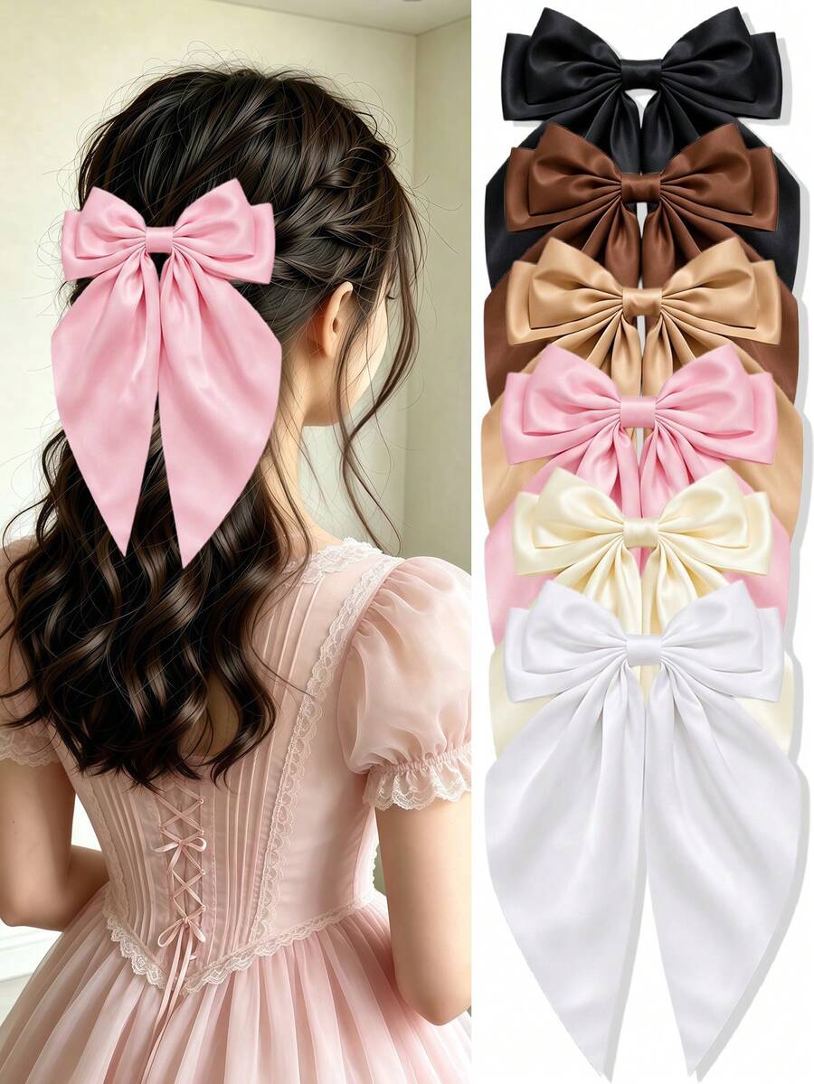 6/3/1 buah Jepit Rambut Pita Besar Satin Warna Polos, Tahan Lama & Lembut di Rambut, Aksesori Rambut Modis Dasar yang Manis untuk Anak Perempuan dan Anak-anak, Cocok untuk Pemakaian Sehari-hari, Liburan, Sekolah, dan Kencan - MultiWarna - View 1