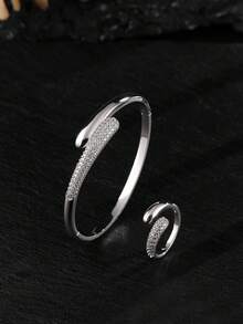 rakol 2pcs Minimalist Nail-Shaped Cubic Zirconia Bracelet And Ring Set - Jewelry Set - View 8