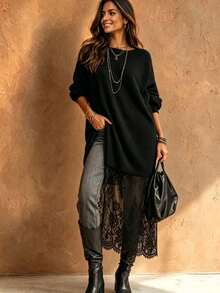 MOOSGOP Pull en maille femme automne/hiver, nouveau style mode romantique français, décontracté polyvalent vintage ample avec ourlet en dentelle, pull oversize long drapé doux et agréable sur la peau, top pull décontracté de voyage, design minimaliste élégant confortable d'hiver avec patchwork en dentelle, col rond - Noir - Voir 7