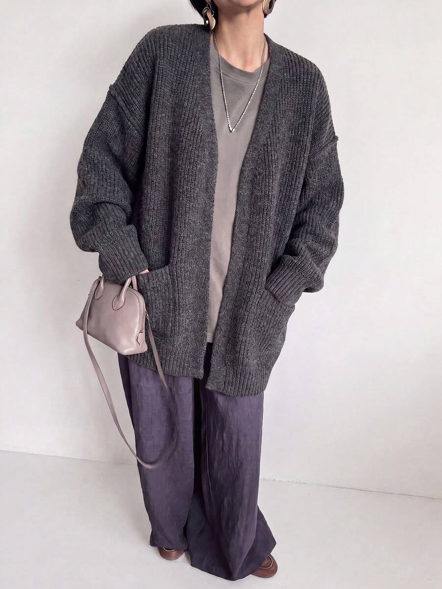 Women's Autumn/Winter Casual Minimalist 2 In 1 Lapel Cardigan Knit Sweater - Dark Grey - View 1