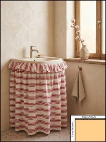 1/2pcs Beige With Red Horizontal Stripes Fabric Wash Basin Skirt, Warm Pastoral Style, Round Top With Ruffle Edge And Gathered Hem Detail, Covers Wash Basin Pipes And Decorative Beautification Function, Suitable For Warm Tone Bathroom And Cozy Home Decor Scenes - Red - View 12