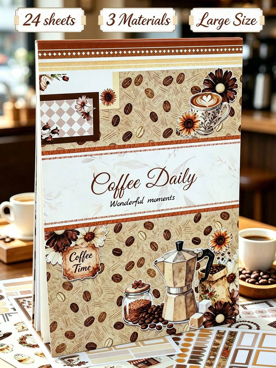 DanSoul 24 Large Coffee Theme Planner Sticker Book, Pre-Cut 3 Material Waterproof Matte PET Scrapbook Functional Sticker Set, Suitable For Bullet Journal Stationery Notebook Gift Office School Supplies Back To School - Scrapbook Stickers - View 1
