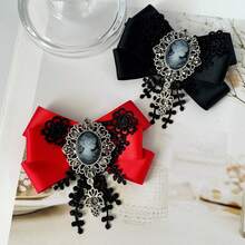 Elegant Rhinestone Brooch For Women, Vintage Lace Bow Tie Collar Accessory, Versatile Wedding Apparel Accessory, Fashionable Brooch For Daily Wear, Shirt Decoration Bow Tie, Commute Outfit, Holiday Gift - Black - View 5